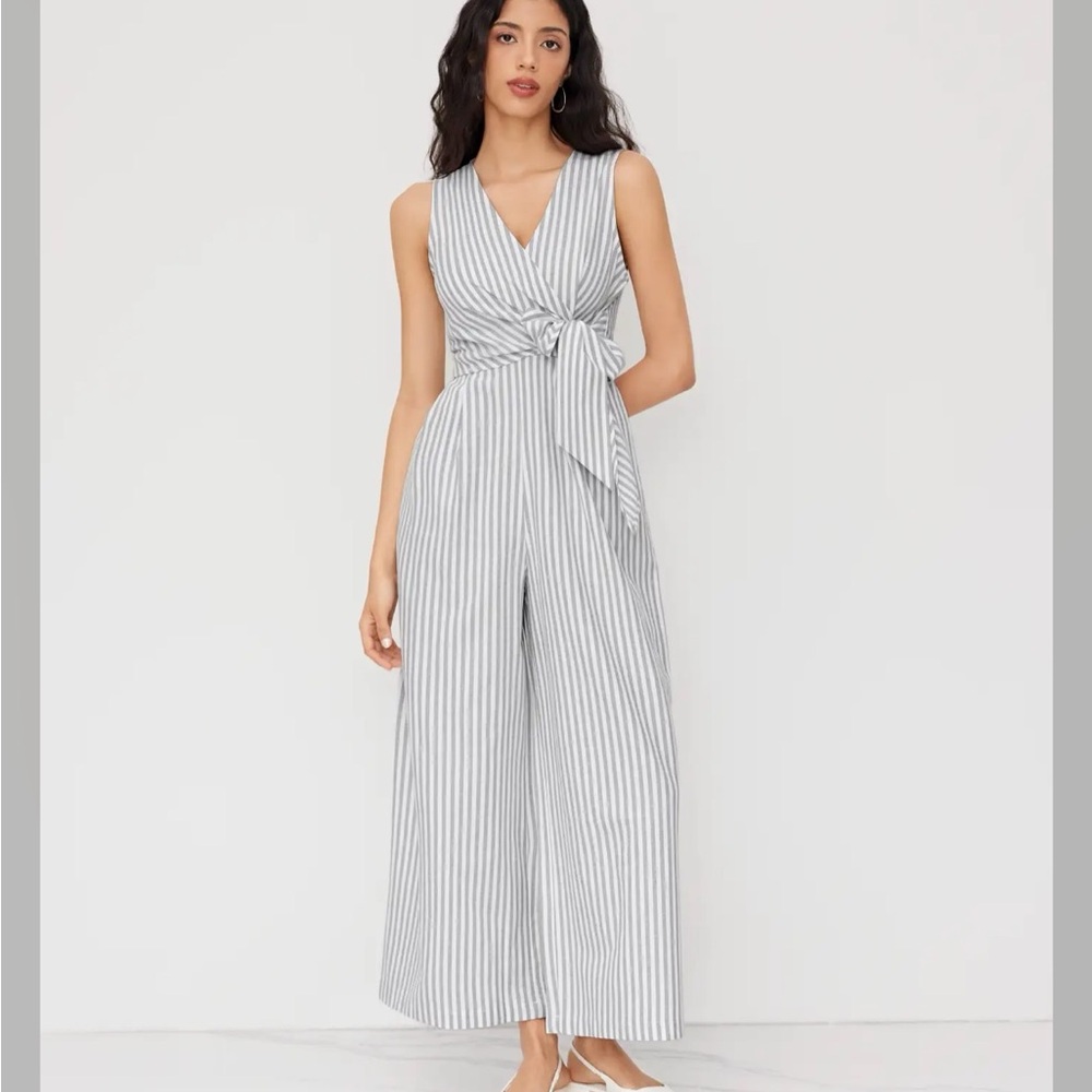 Cider Gray and White Striped Jumpsuit